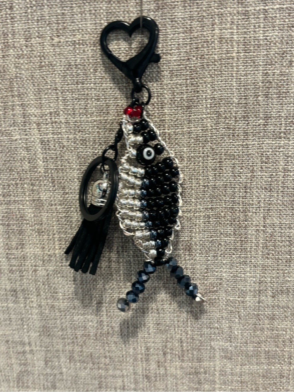 Beaded Fish Keychain/ Bag Charm - Black and Silver